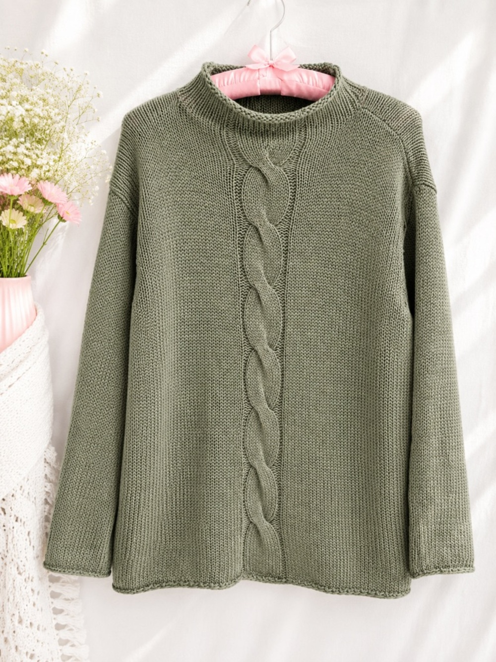 Norton McNaughton Sage Green Cable Knit Mock Neck Sweater Size Large